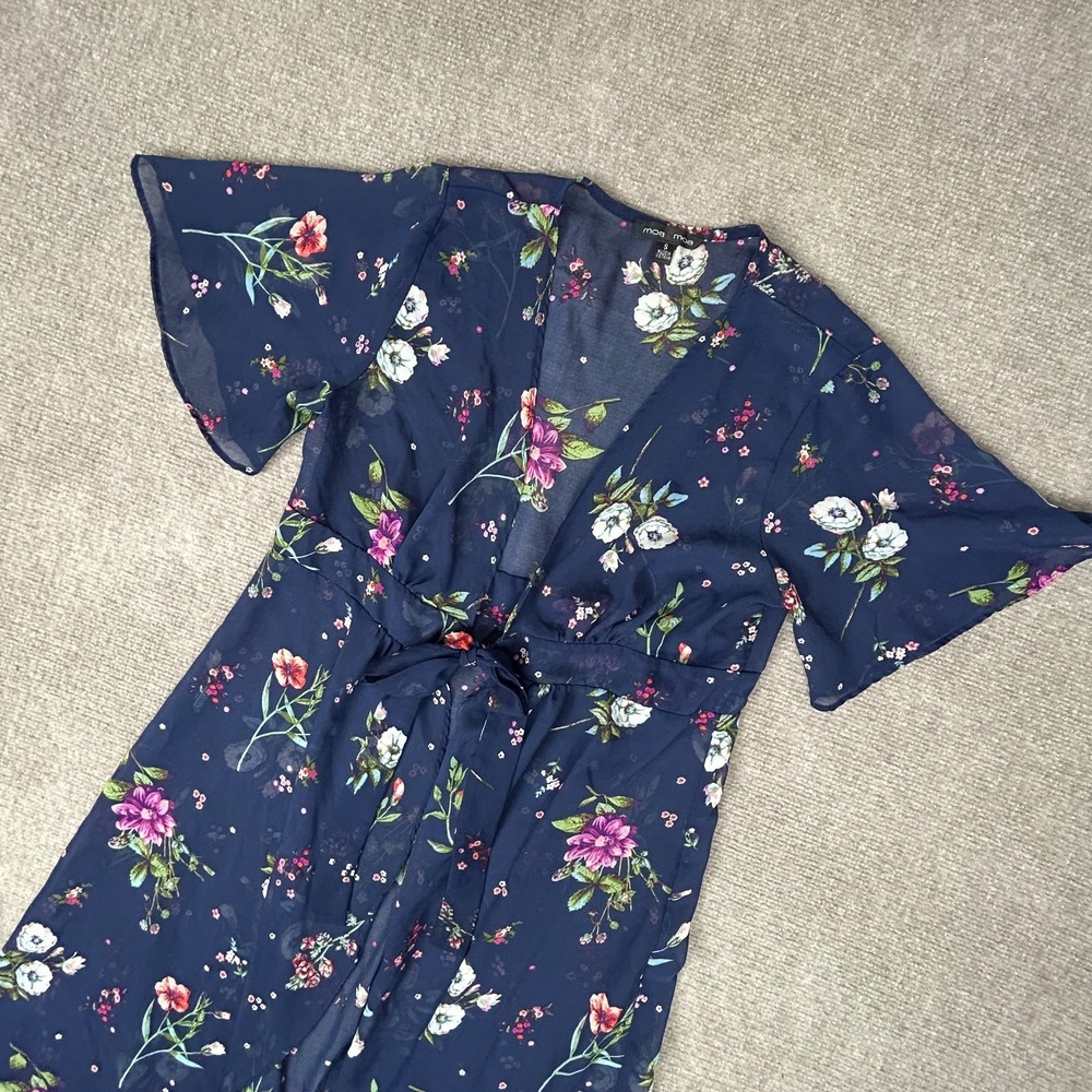 Moa Moa Kimono Dress Womens Small Blue Floral Flutter Sleeve High Low Tie Waist
